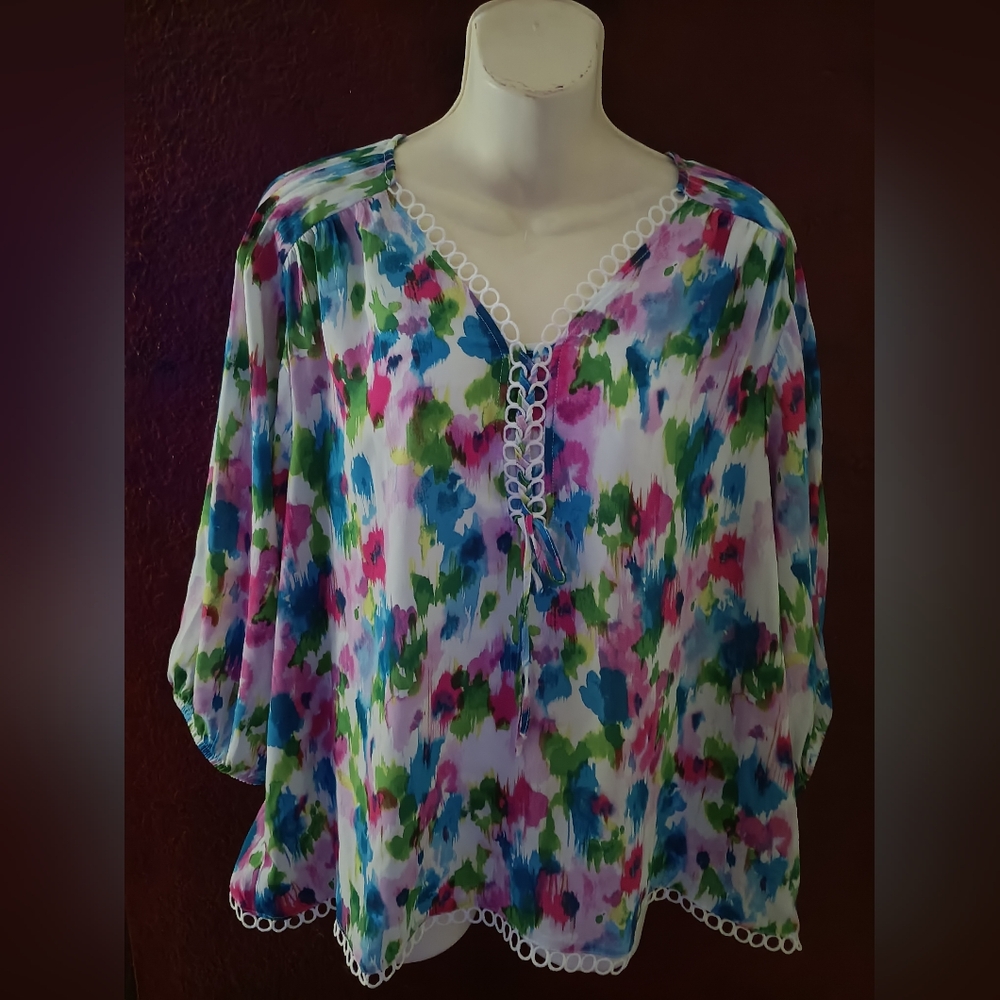Zac & Rachel Multicolored V-Neck Blouse w Chain Link Detail size XL